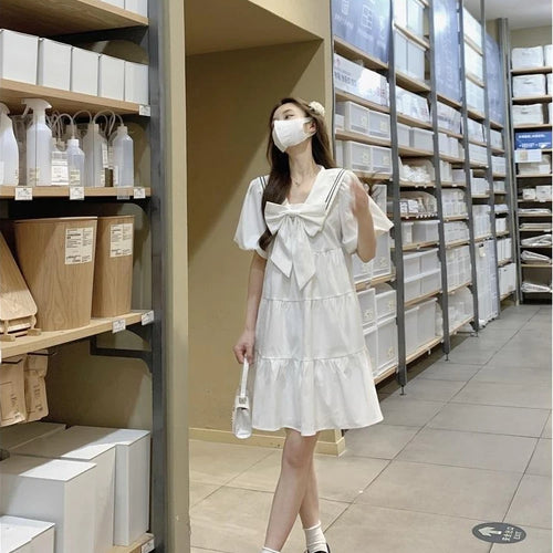 Load image into Gallery viewer, Sweet Kawaii School White Dress Women Japanese Preppy Style Sailor Collar Puff Sleeve Ruffles Dresses korean Summer
