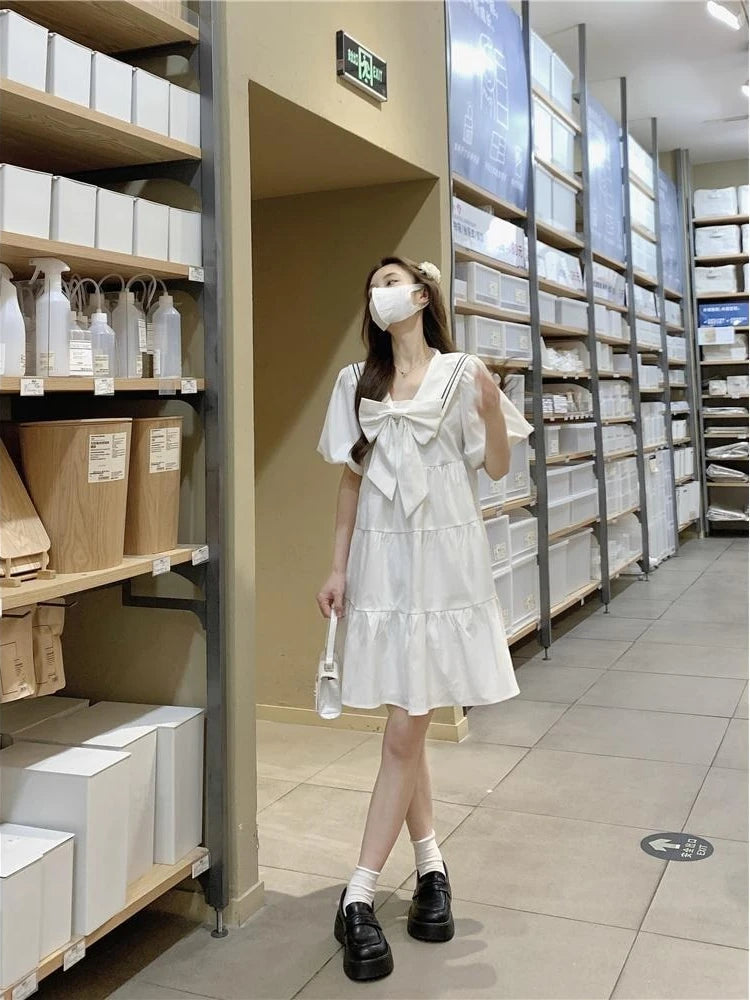 Sweet Kawaii School White Dress Women Japanese Preppy Style Sailor Collar Puff Sleeve Ruffles Dresses korean Summer
