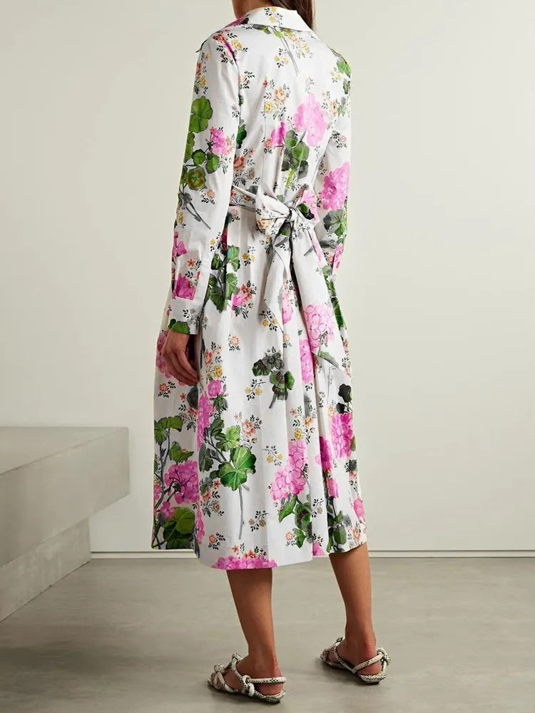 Elegant Colorblock Print Dress For Women Lapel Long Sleeve High Waist Spliced Lace Up Dresses Female Fashion Clothing Style