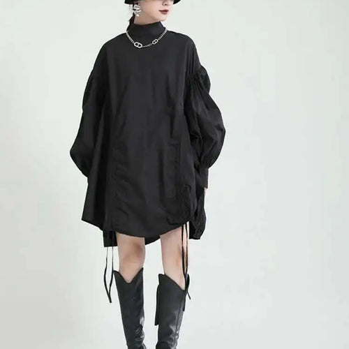 Load image into Gallery viewer, Women Balck Irregular Drawstring Big Size Dress New Stand Collar Long Sleeve Loose Fit Fashion Spring Autumn 2025 1Z18901
