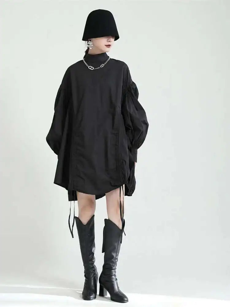 Women Balck Irregular Drawstring Big Size Dress New Stand Collar Long Sleeve Loose Fit Fashion Spring Autumn 2025 1Z18901