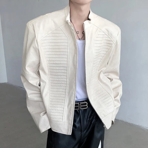 Load image into Gallery viewer, Niche Style Men&#39;s Jackets PU Leather Shoulder Padded Wrinkle Short Coats Stand Collar Zippers Male Clothing Stylish 9C6668

