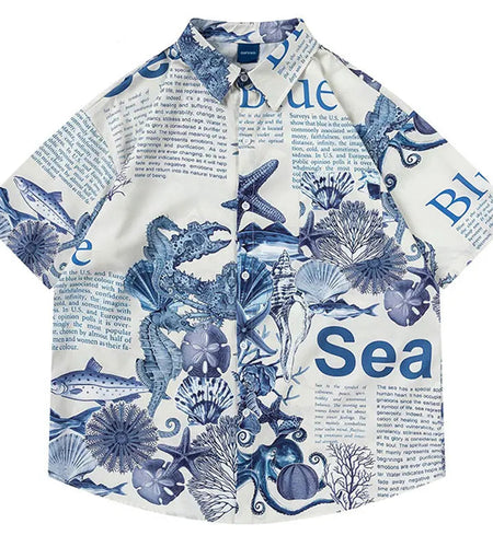 Harajuku Oversize Shirts Summer Retro Sea World Letter Graphic Print Button Up Blouse Streetwear Hip Hop Loose Short Sleeve Tops