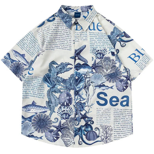 Harajuku Oversize Shirts Summer Retro Sea World Letter Graphic Print Button Up Blouse Streetwear Hip Hop Loose Short Sleeve Tops