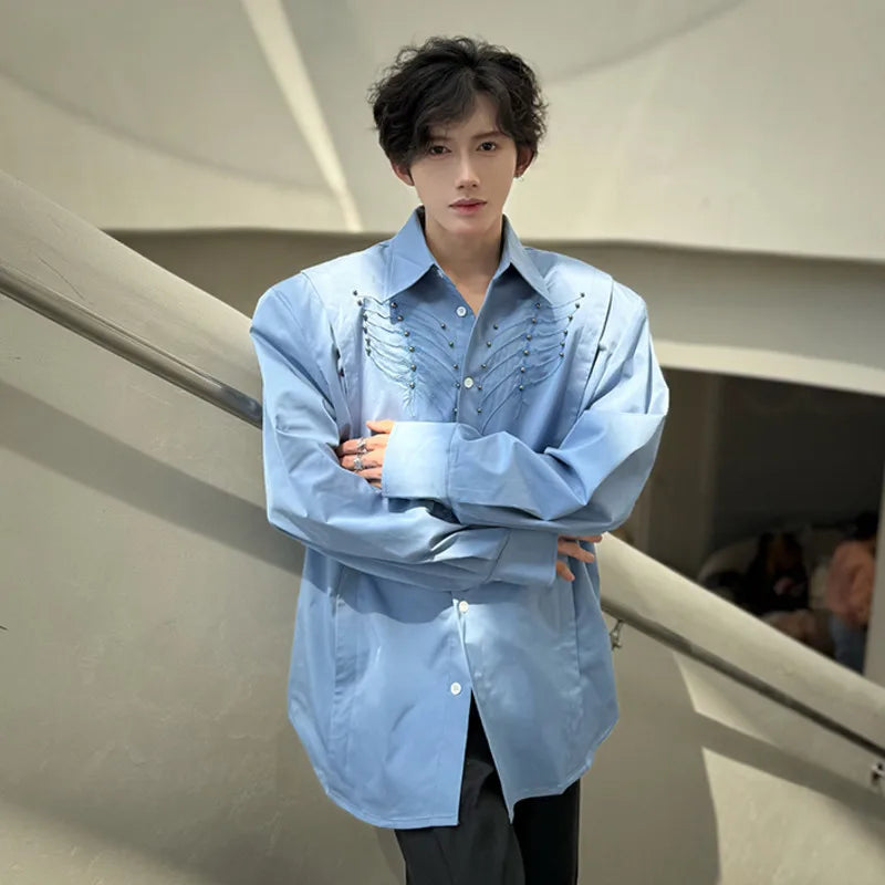 Men's Shirts Long Sleeve New Spring Embroidered Nail Bead Design Turn-down Collar Single Breasted Male Clothing 9W1750