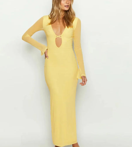 Sexy Mesh Patchwork Long Sleeved Women's Dress 2024 New Hollow Out Deep V-neck Lace Up Evening Dress Slim Party Vestido