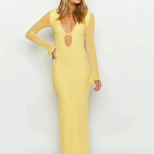 Load image into Gallery viewer, Sexy Mesh Patchwork Long Sleeved Women's Dress 2024 New Hollow Out Deep V-neck Lace Up Evening Dress Slim Party Vestido
