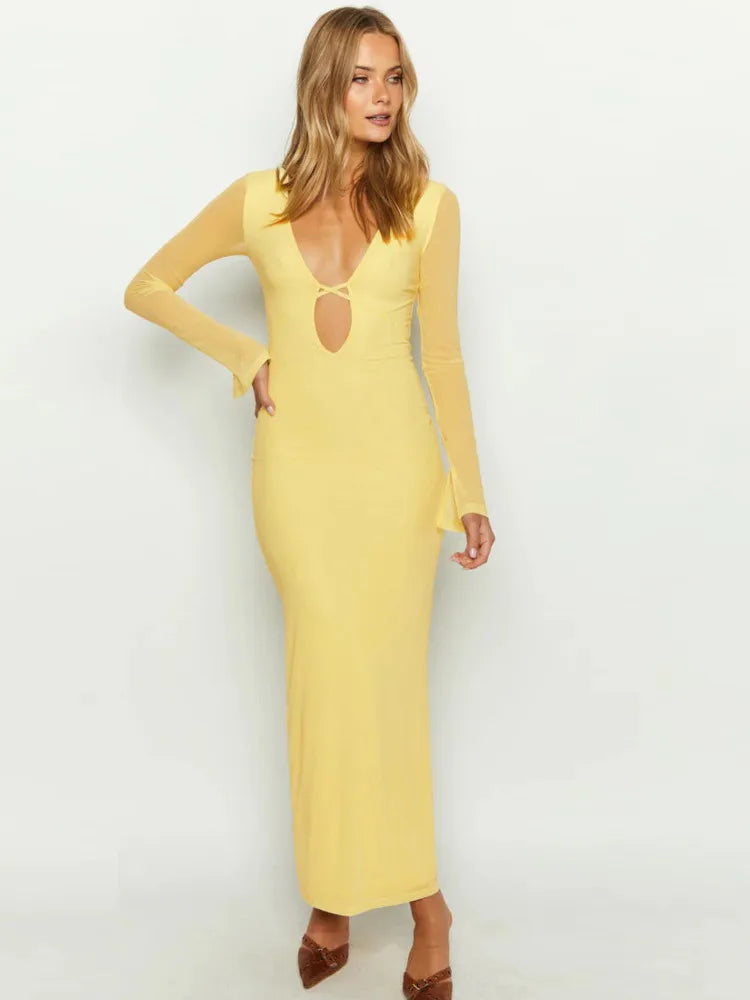 Sexy Mesh Patchwork Long Sleeved Women's Dress 2024 New Hollow Out Deep V-neck Lace Up Evening Dress Slim Party Vestido