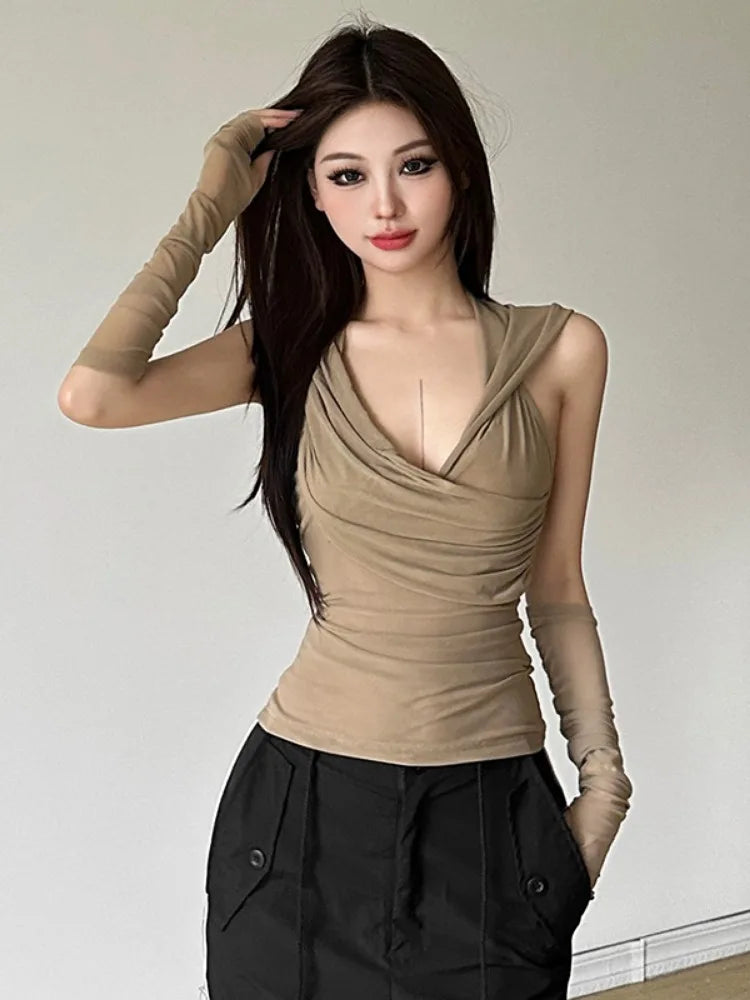 Y2k Aesthetic Sexy Streetwear Mesh Hooded Top Streetwear Sleeveless Bandage T-shirt Women Harajuku Solid Fairy Grunge Tee Shirts