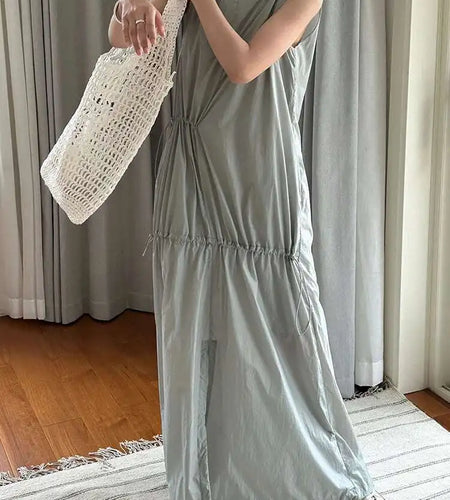 Women White Gray Big Size Long Elegant Thin Dress New Square Collar Sleeveless Fashion Tide Spring Summer 2025 1DH6054