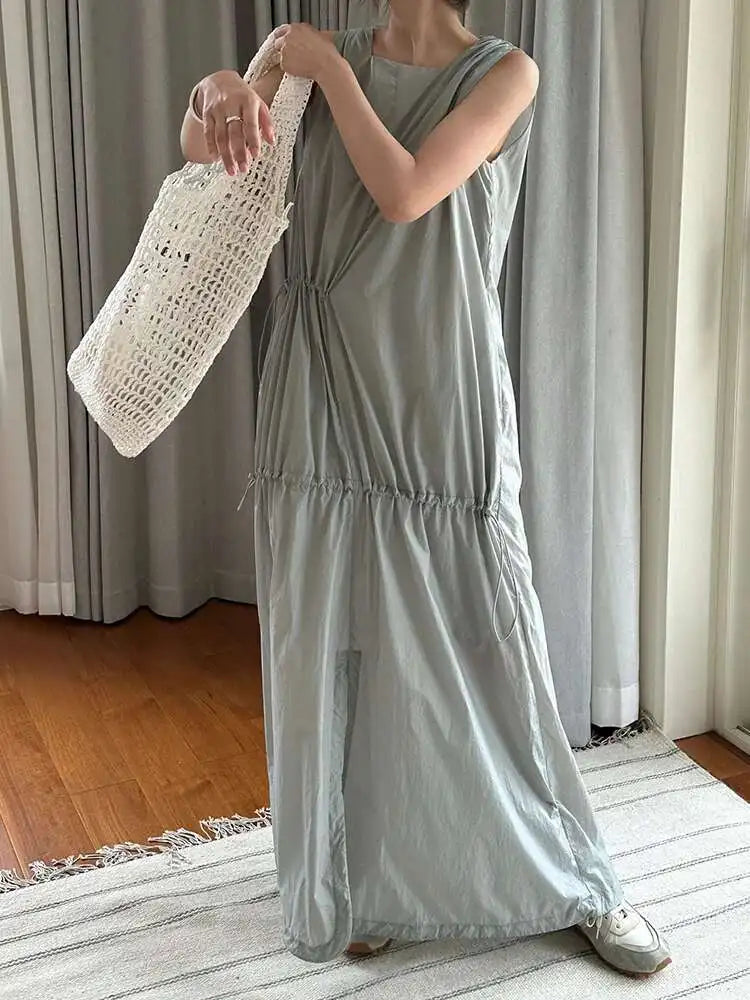 Women White Gray Big Size Long Elegant Thin Dress New Square Collar Sleeveless Fashion Tide Spring Summer 2025 1DH6054