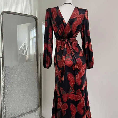 Load image into Gallery viewer, French Fashion Women New Red Print Long Sleeve Velvet Dress Autumn Winter V-neck Elegant High Waist Slim Holiday Wrap Hip Dress
