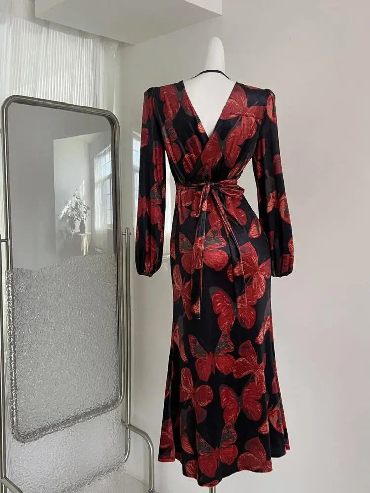 French Fashion Women New Red Print Long Sleeve Velvet Dress Autumn Winter V-neck Elegant High Waist Slim Holiday Wrap Hip Dress
