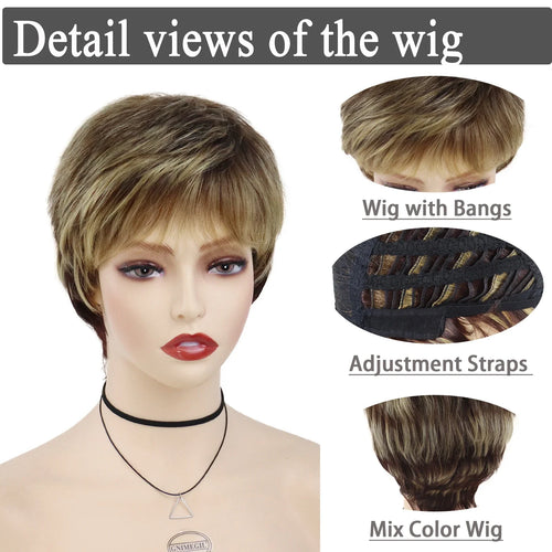 Load image into Gallery viewer, Synthetic Short Pixie Cut Wig Women Natural Hairstyle Bangs Wig Blonde Mix Brown Soft Straight Wig for Chemo Patient
