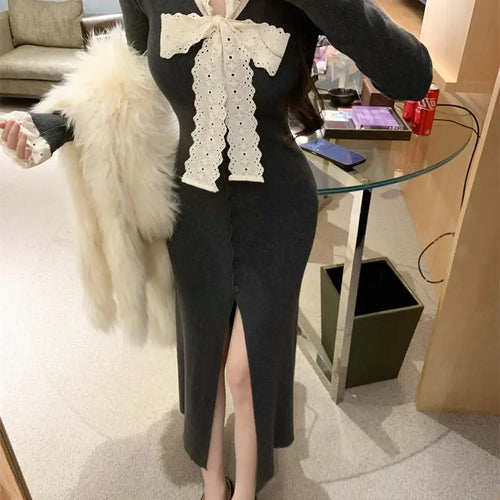 Load image into Gallery viewer, Korean 2024 New Women's Patchwork Lace Bow Bandage Dress Autumn Winter Single Breasted Office Lady Slim Split Knitted Dress Chic
