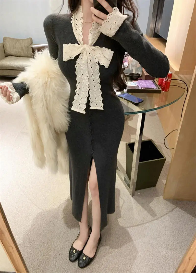 Korean 2024 New Women's Patchwork Lace Bow Bandage Dress Autumn Winter Single Breasted Office Lady Slim Split Knitted Dress Chic