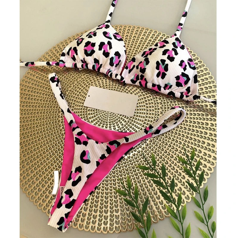 Thong Swimsuit Women Halter Micro Bikini Set 2024 Cherry Print Swimwear Biquini Brazilian Bathing Suit Beachwear