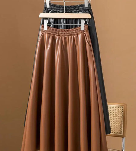 Women Brown Faux Leather Long Skirt 2023 Autumn Winter Black Vintage A Line Elastic High Waist Pu Skirts Female Oversized French