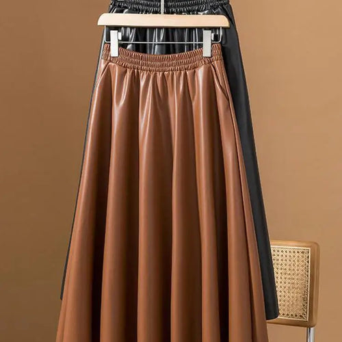 Load image into Gallery viewer, Women Brown Faux Leather Long Skirt 2023 Autumn Winter Black Vintage A Line Elastic High Waist Pu Skirts Female Oversized French
