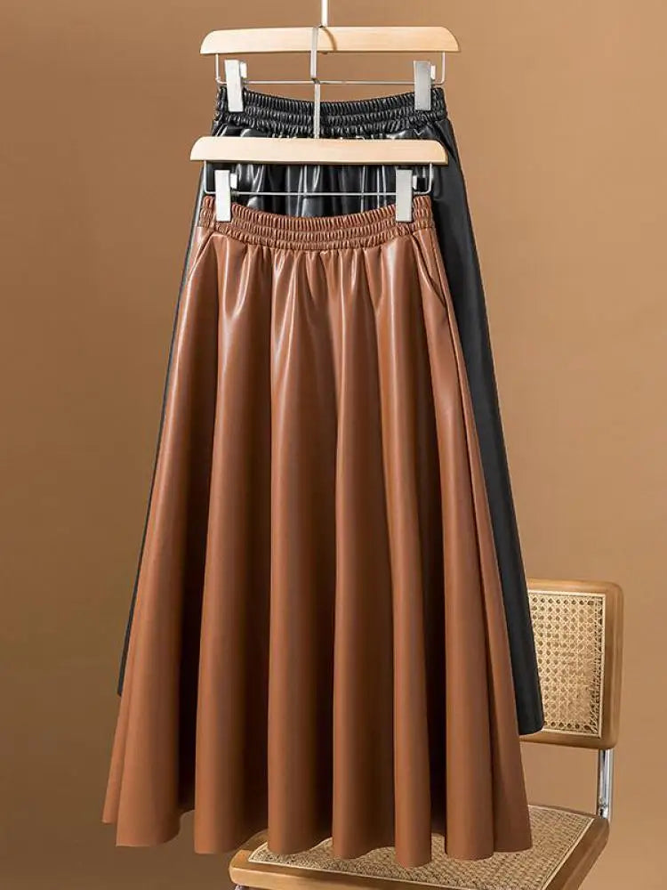 Women Brown Faux Leather Long Skirt 2023 Autumn Winter Black Vintage A Line Elastic High Waist Pu Skirts Female Oversized French