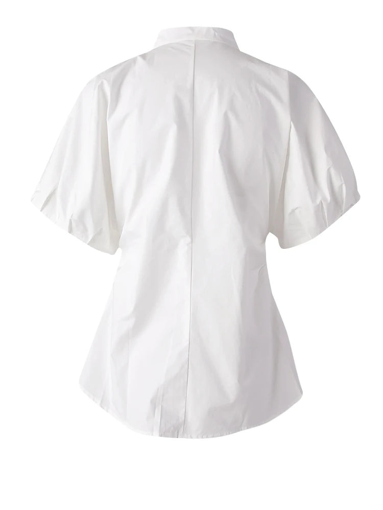 Women Coffee Shaped Elegant Blouse New Stand Collar Short Puff Sleeve Shirt Fashion Tide Spring Summer 2025 CPG3251