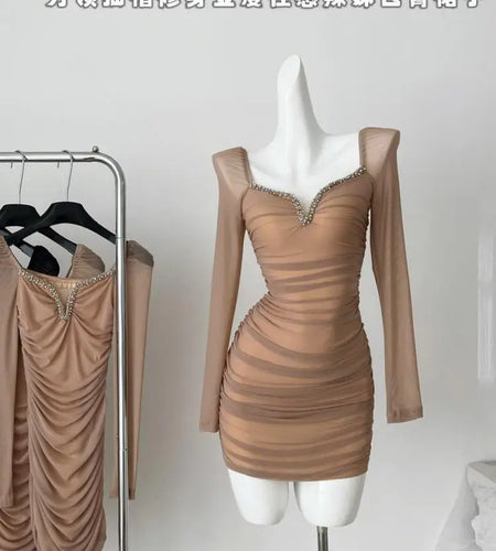 Autumn Vintage Fashion Black Mesh Square Neck Elegant Pleated Short Dress Women Brown Diamonds Long Sleeves Festival Party Dress