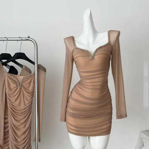 Load image into Gallery viewer, Autumn Vintage Fashion Black Mesh Square Neck Elegant Pleated Short Dress Women Brown Diamonds Long Sleeves Festival Party Dress
