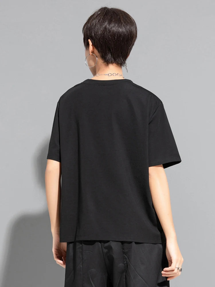 Women Black Irregular Hem Big Size Casual T-shirt New Round Neck Short Sleeve Fashion Tide Spring Summer 2025 1DJ1770