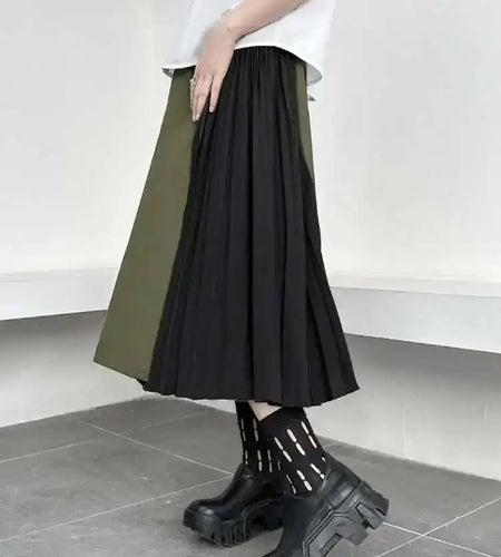 High Elastic Waist Army Green Color-block Pleated Wide Leg Pants New Trousers Women Fashion Spring Autumn 2025 1DH5281