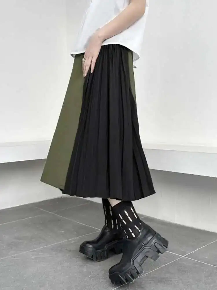 High Elastic Waist Army Green Color-block Pleated Wide Leg Pants New Trousers Women Fashion Spring Autumn 2025 1DH5281