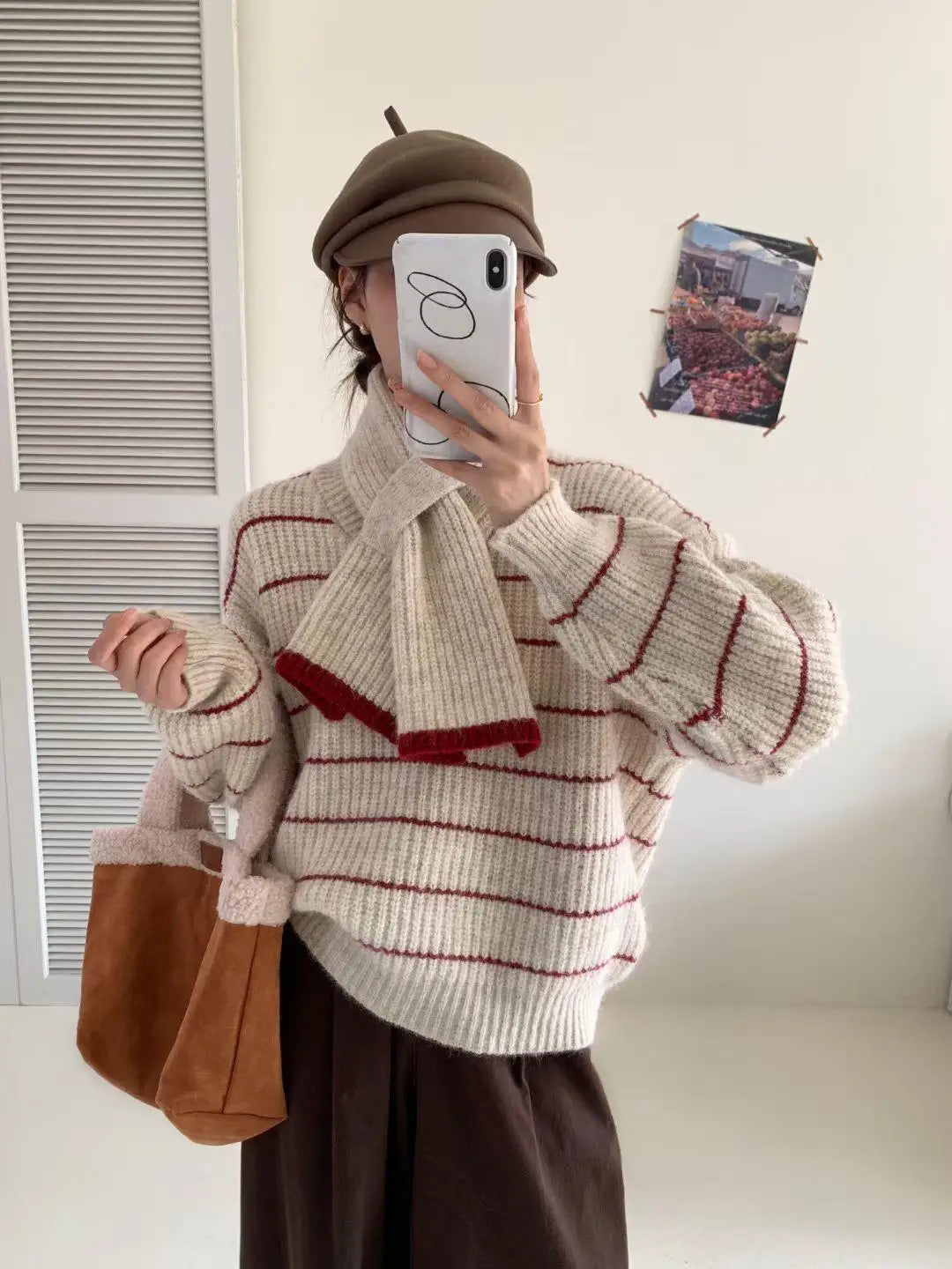 Korean Vintage Striped Long Sleeve Versatile Sweater Autumn Winter Women Short Loose Pullover Knit Tops And Scarf Casual Popular
