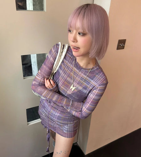 Japanese Y2k Long Mesh Tops 2000s Aesthetics See Through Long Sleeve T-shirt Vintage Harajuku Purple Sheer Tops Korean