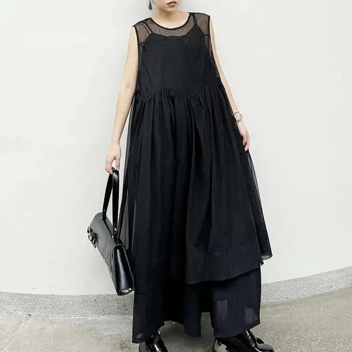 Load image into Gallery viewer, Women Black Mesh Perspective Pleated Big Size Elegant Dress New Round Neck Sleeveless Fashion Spring Summer 2025  1DH5841
