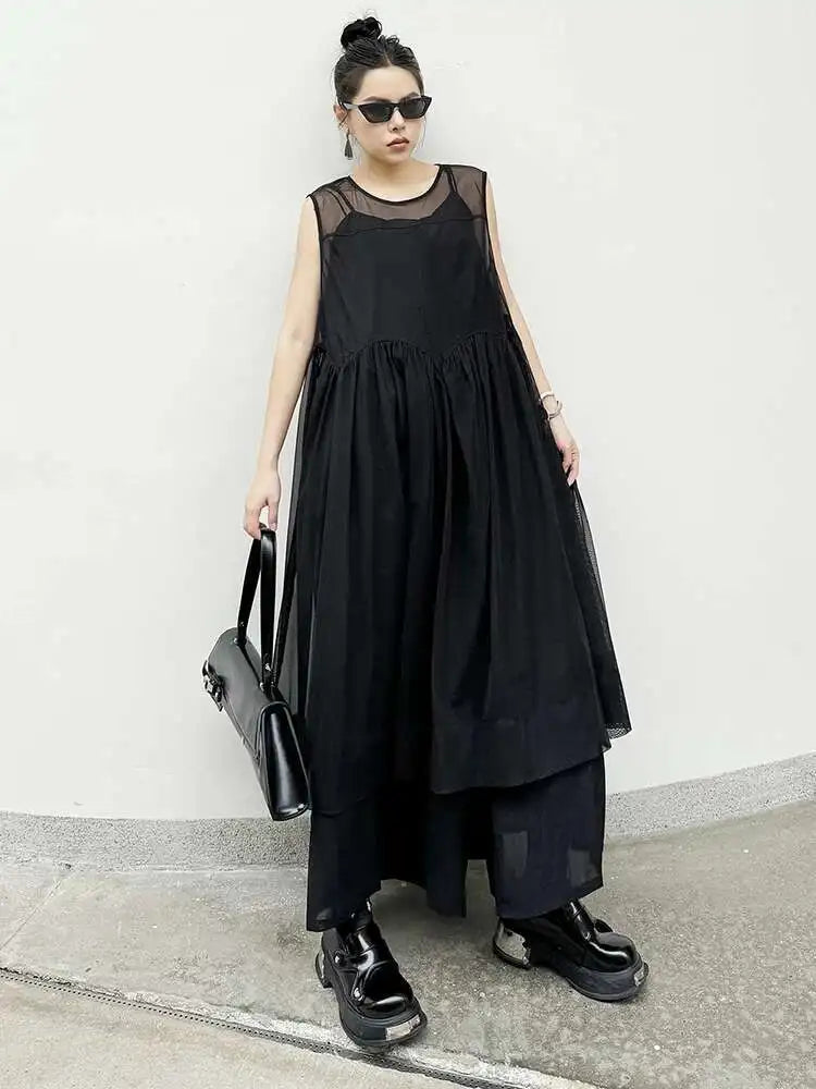 Women Black Mesh Perspective Pleated Big Size Elegant Dress New Round Neck Sleeveless Fashion Spring Summer 2025  1DH5841