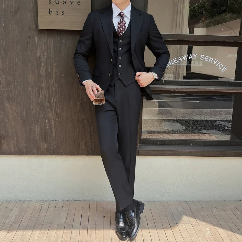 Men's Suit Three-piece New Spring Men's Set Blazer Single Breasted Vest Slim Pants Business Casual Solid Color 9W1573