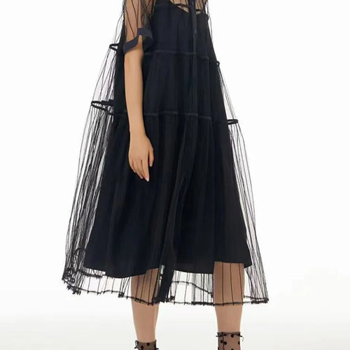 Load image into Gallery viewer, Women Black Mesh Perspective Midi Elegant Shirt Dress New Lapel Short Sleeve Fashion Tide Spring Summer 2025 1DJ0866
