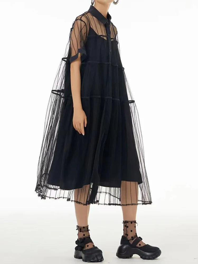 Women Black Mesh Perspective Midi Elegant Shirt Dress New Lapel Short Sleeve Fashion Tide Spring Summer 2025 1DJ0866