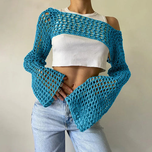 Load image into Gallery viewer, New Harajuku Grunge Solid Slash Neck Women Crop Pullovers Y2k Aesthetic Knitted Sexy Sweaters Streetwear Hollow Out Autumn Tops
