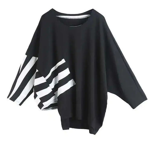 Load image into Gallery viewer, Women Black Striped Irregular Big Size Casual T-shirt New Round Neck Long Sleeve Fashion Tide Spring Autumn 2025 1DF5282
