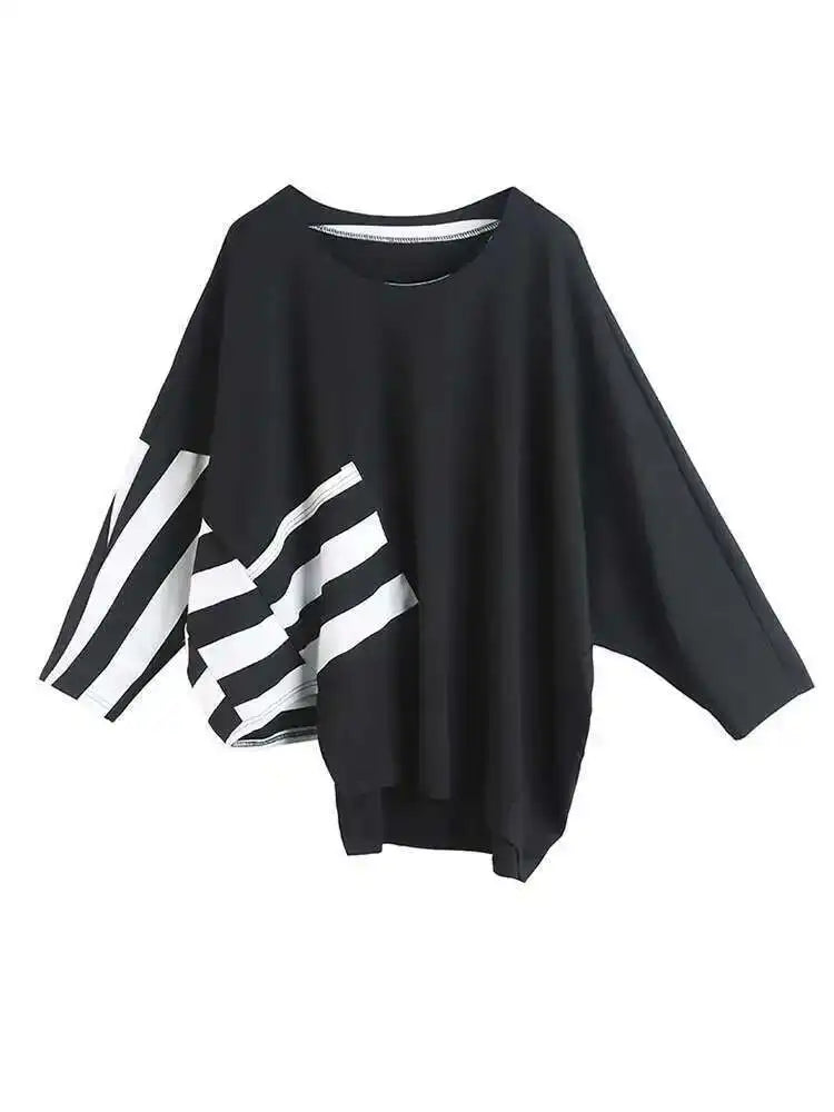 Women Black Striped Irregular Big Size Casual T-shirt New Round Neck Long Sleeve Fashion Tide Spring Autumn 2025 1DF5282