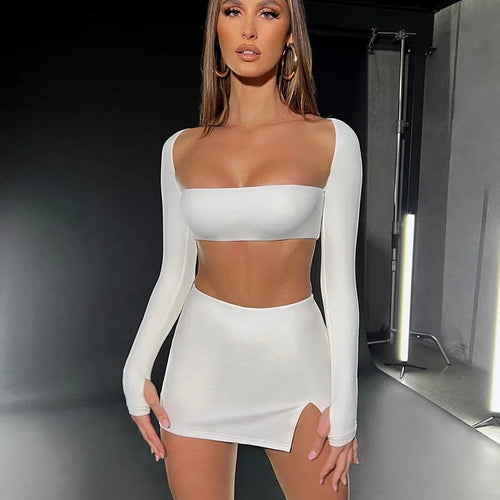 Load image into Gallery viewer, Sexy Dress Set Women White Square Collar Full Sleeve Crop Top And Mini Skirt Matching Sets Ladies Party Two Piece Set
