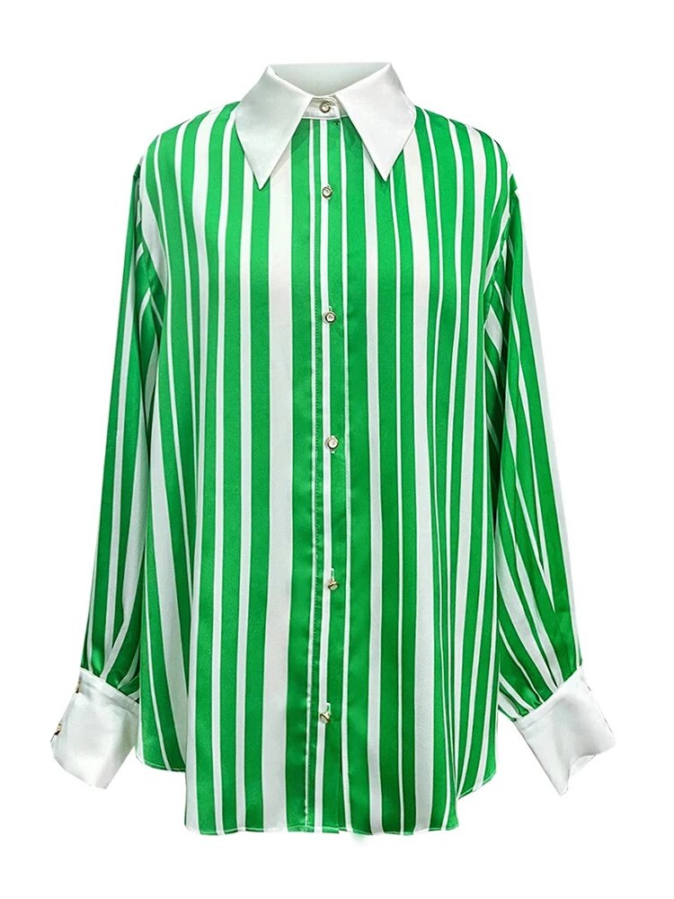 Hit Color Striped Shirt For Women Lapel Lantern Sleeve Loose Casual Blouse Spring Female Fashion Clothing