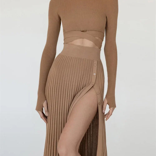 Load image into Gallery viewer, White Knit Two Piece Women Sets Fall Ribbed Crop Top And Pleated Knitted Skirt Suits For Women Midi Dress Sets 2022
