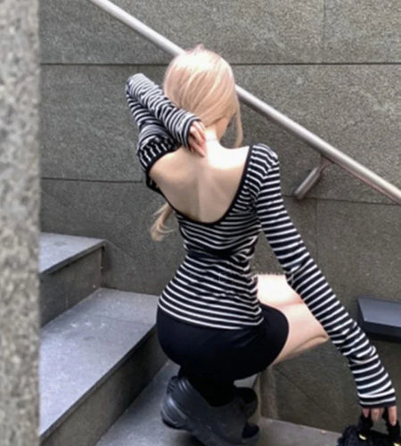 Striped Backless Slim Casual T-shirt Women Sexy Y2k Aesthetic Vintage Tshirts All Match Streetwear Long Sleeve Crop Tee Shirts