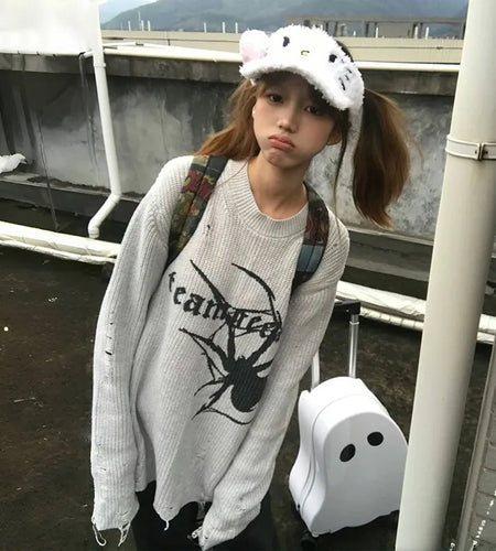 Japanese Y2k Ripped Sweater Vintage Gothic Spider Print Knitted Pullover Trashy 2000s Style Distressed Jumper Grunge 90s