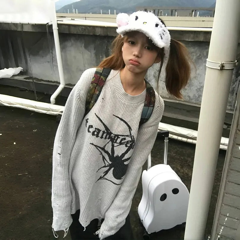 Japanese Y2k Ripped Sweater Vintage Gothic Spider Print Knitted Pullover Trashy 2000s Style Distressed Jumper Grunge 90s