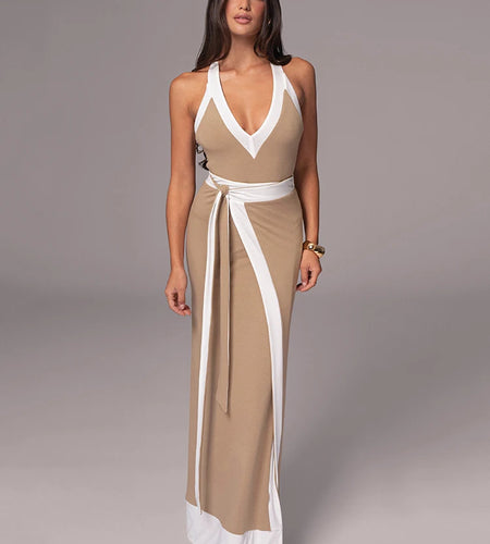 Sexy Sleeveless Deep V Tight Bobysuit Top Skirt Two-piece Set Women Patchwork Elegant Party Autumn Winter New Set 2024