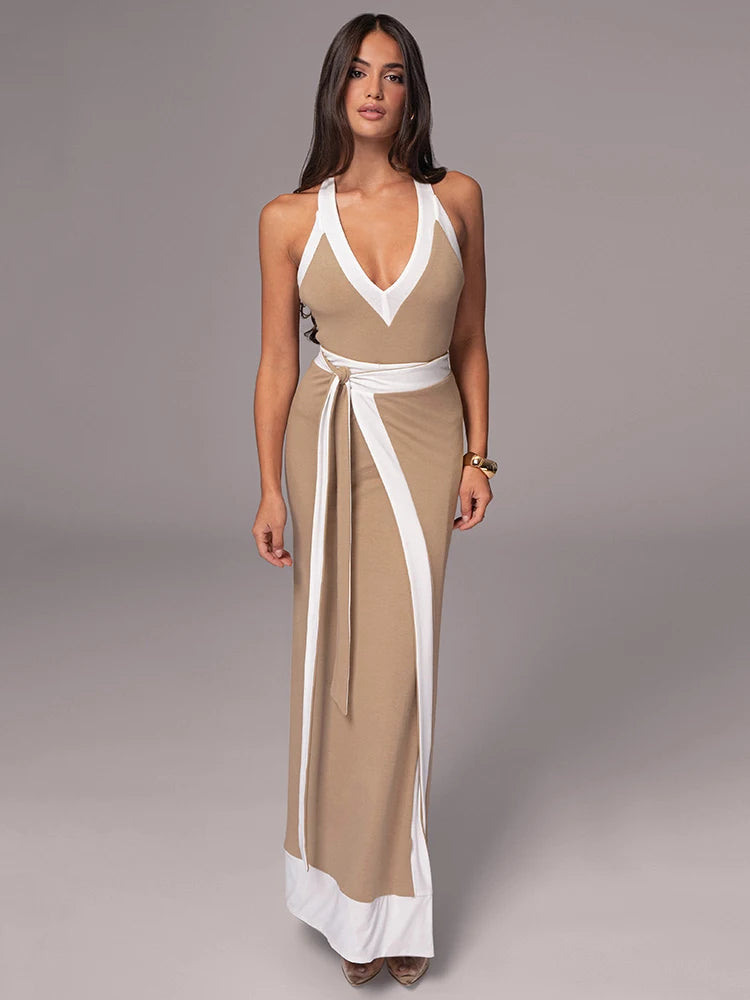 Sexy Sleeveless Deep V Tight Bobysuit Top Skirt Two-piece Set Women Patchwork Elegant Party Autumn Winter New Set 2024