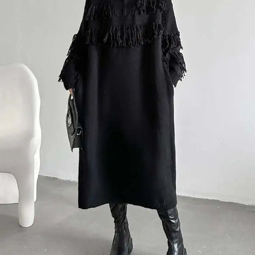Load image into Gallery viewer, Women Black Tassels Knitting Big Size Midi Dress New Turtleneck Long Sleeve Loose Fit Fashion Spring Autumn 2025 1DH1601
