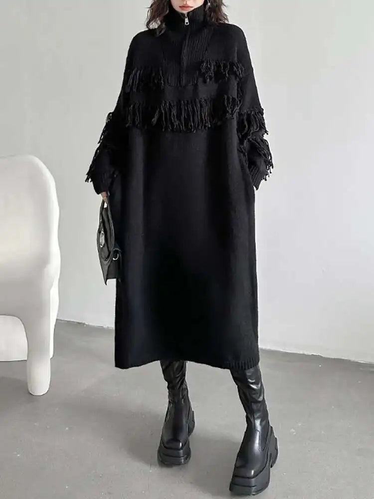 Women Black Tassels Knitting Big Size Midi Dress New Turtleneck Long Sleeve Loose Fit Fashion Spring Autumn 2025 1DH1601